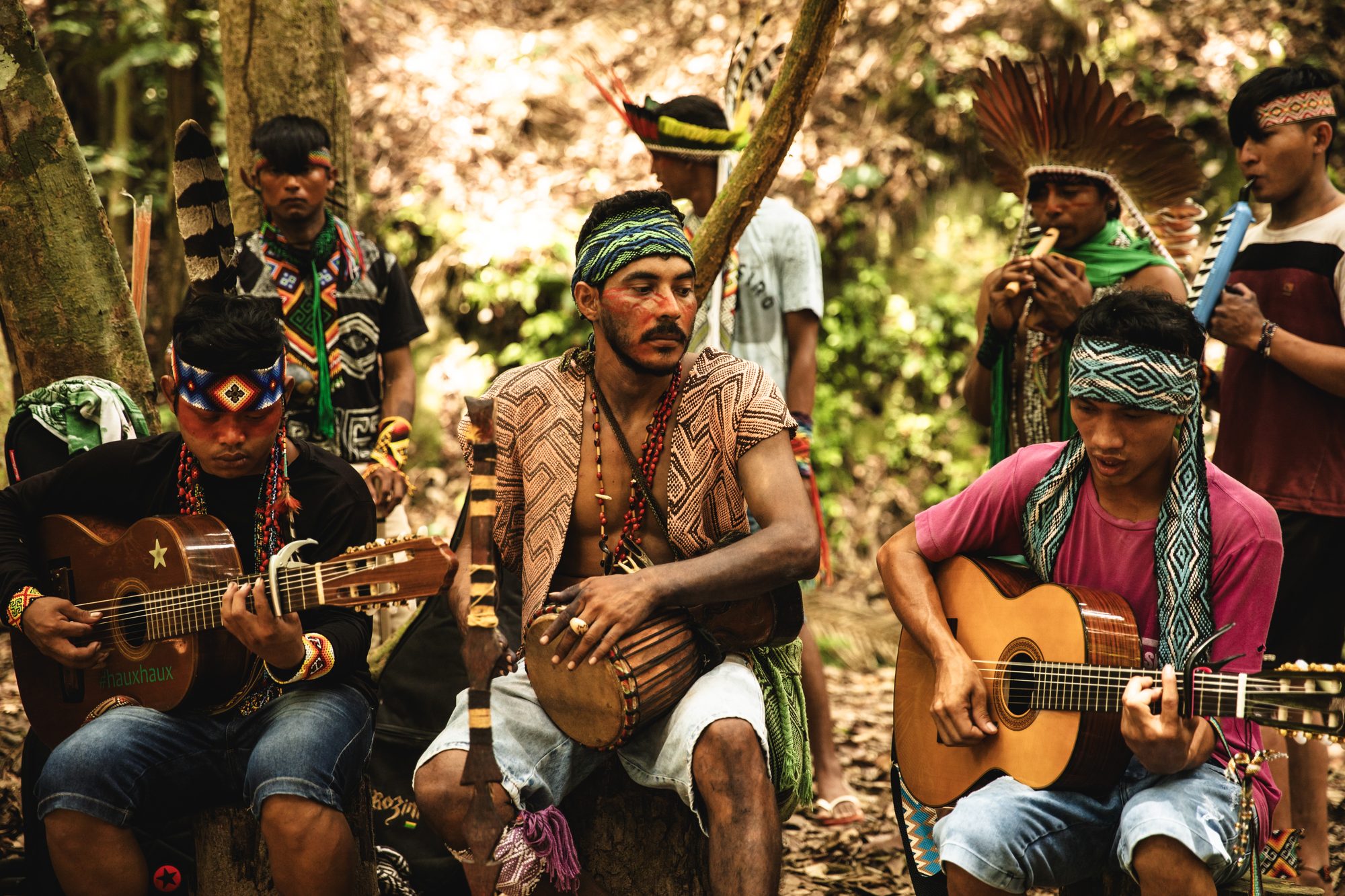 Huni Kuin musicians sharing music in the forest